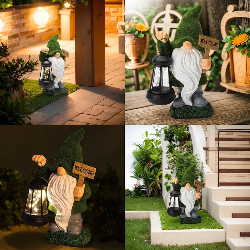 halp·ssfm Garden Gnome Statue Solar Light Outdoor Decorations Figurine Welcome Sign with Lantern Sculpture Garden Decor Lawn Patio Yard Porch Outside Housewarming Gifts for Women Mother's Day Grandma - Image 3